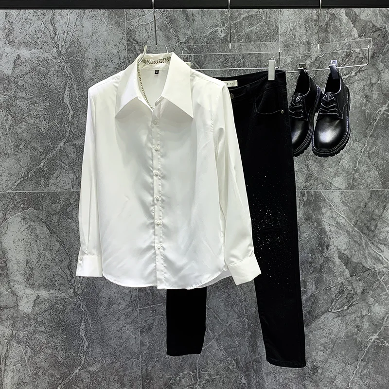 

Casual Long Sve Men's irt oulder Pads Color Loose Fit Base Layer Korean Sle Trendy Design Premium Feeling