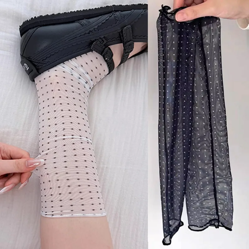 Fashion Polka Dot Lace Socks Women Thin Silk Sheer Stacked Socks Summer Chic Korean Style Elegant Femme JK Lolita Sockings