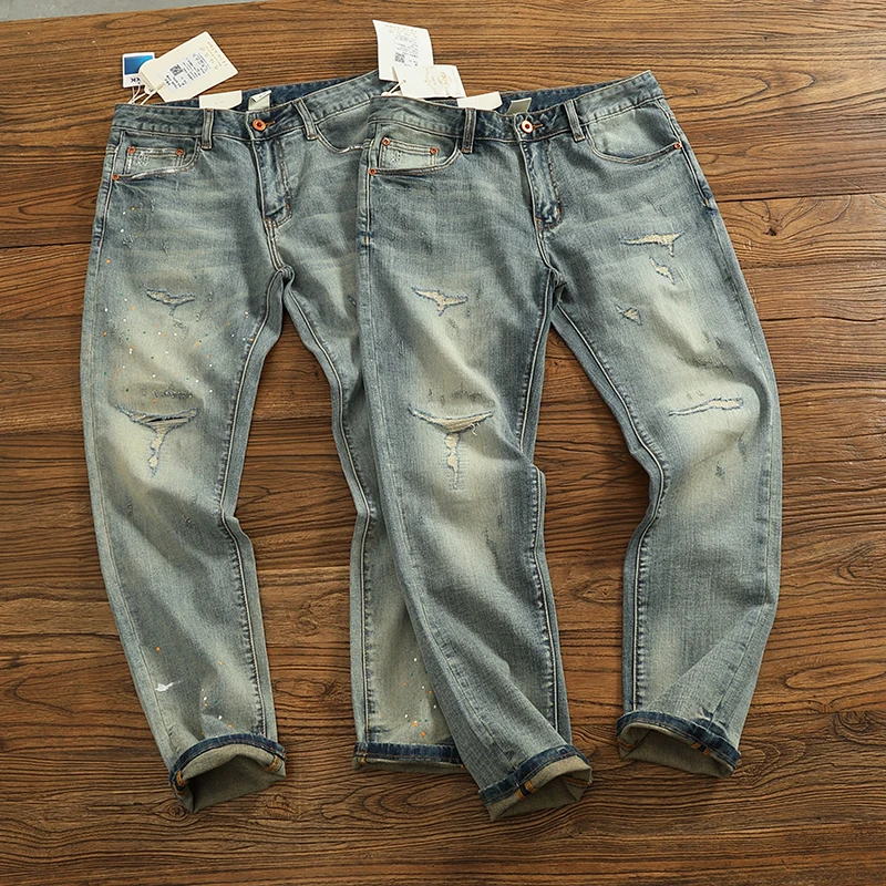 New slim-fit small feet stretch to do old four seasons cat beard spray paint high-end trend jeans