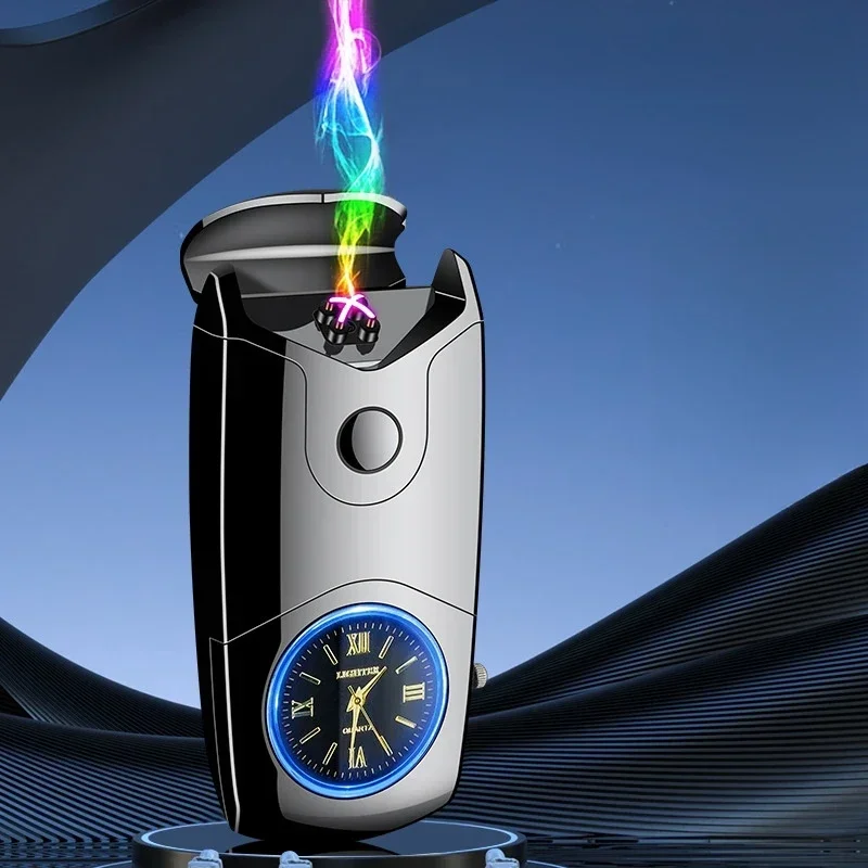 Metal True Watch Windproof Dual Arc Charging Lighter Color Light dial Type-C Fast Charging USB Electric Lighters Smoking Gadgets