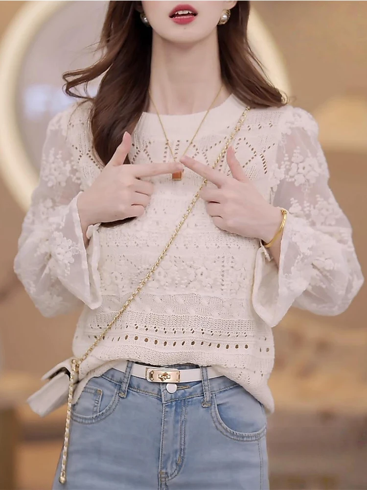 

Korean Style Lazy Hollow out Knitted Shirt Women's round Neck Loose Casual Color Versatile Top Spring Autumn New Arrival