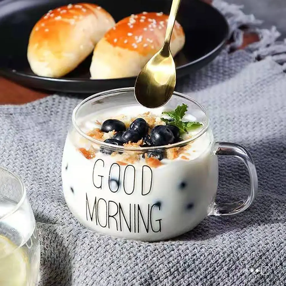 Cute Unique Juice Milk with Handle Breakfast Kitchen Tea Cup Coffee Mug Good Morning Cup Glass Cup Dinking Glasses