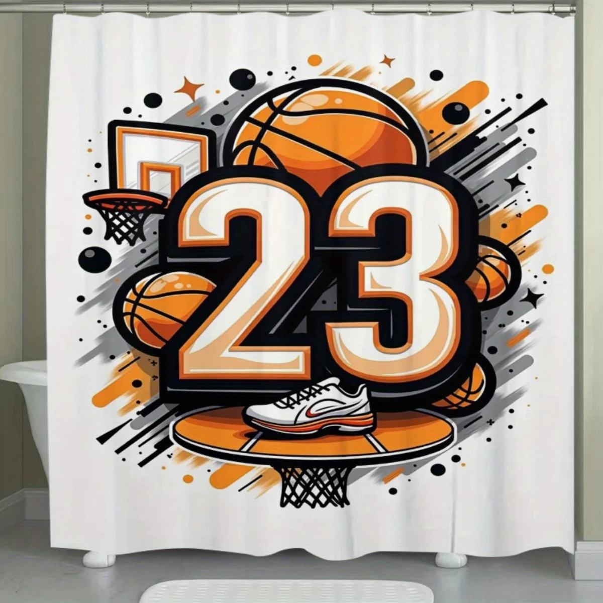 Basketball Number 23 Sports Theme Shower Curtain Waterproof Bathroom Decor for Man Woman Gym Fan Gift