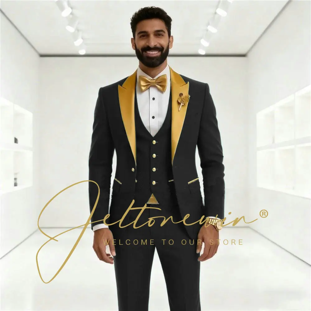 

Черный костюм для мужчин с золотыми остроконечными лацканами, формальный жених, свадебная вечеринка, смокинги по индивидуальному заказу, выпускной, 3-х предметный жених, мужской пиджак, жилет, брюки