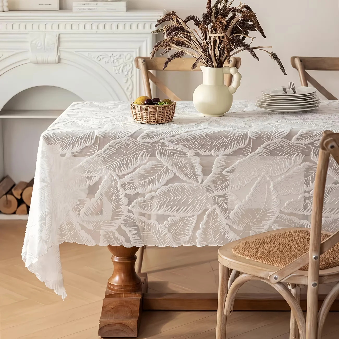 1PC Lace Cutout Edge Tablecloth, White Leaf Aesthetic, Sideboard Cover, Dustproof Table Linen for Outdoor Weddings & Home Decor