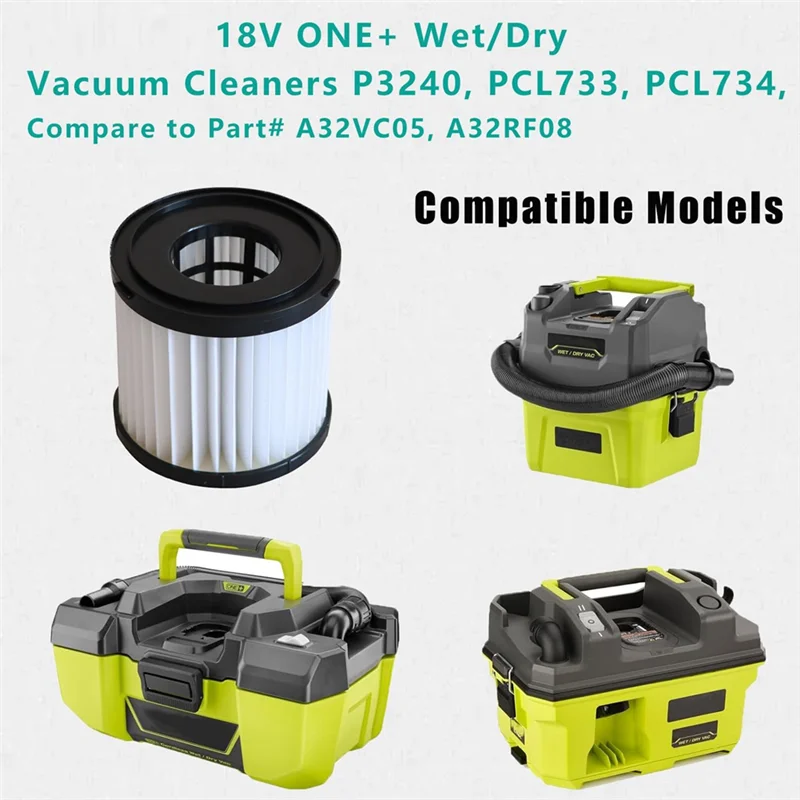 LITE-2 Pack Ryobi استبدال فلتر المكنسة الكهربائية لـ Ryobi 18V ONE + المكانس الكهربائية الرطبة/الجافة PCL733، PCL734، P3240