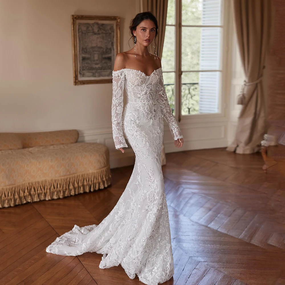 

Charming Shiny Wedding Dresses for Women Bride Sweetheart Mermaid Long Sleeve Beaded Applique Tulle Sweep Train Customized