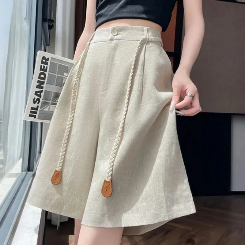 

Женские шорты из льняной смеси с широкими штанинами, повседневные, с высокой талией, А-силуэта, с плетеным шнурком