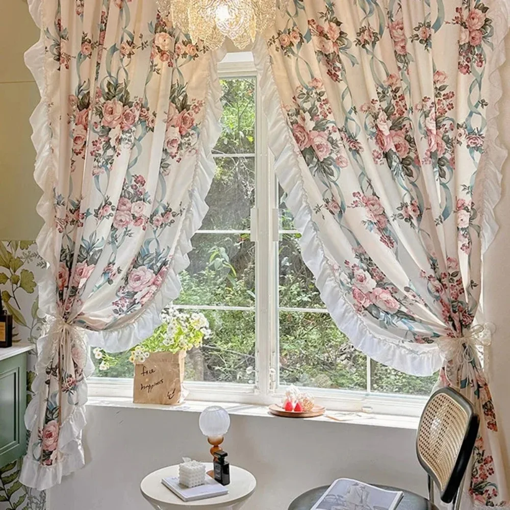 Idyllic French Retro Flowers Door Curtains Cloth Floral Warp Ruffled Gauze Curtains for Kitchen Retro Beige Lace Curtains