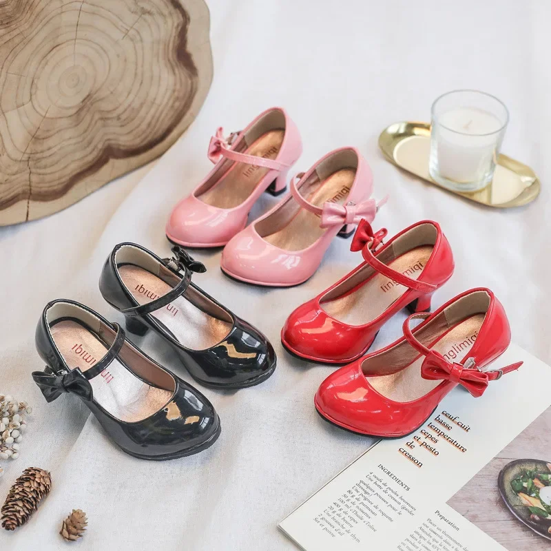 Spirng Formal All Black Shoes Children High Heel Girls Shoes Performance Wedding Party Princess
