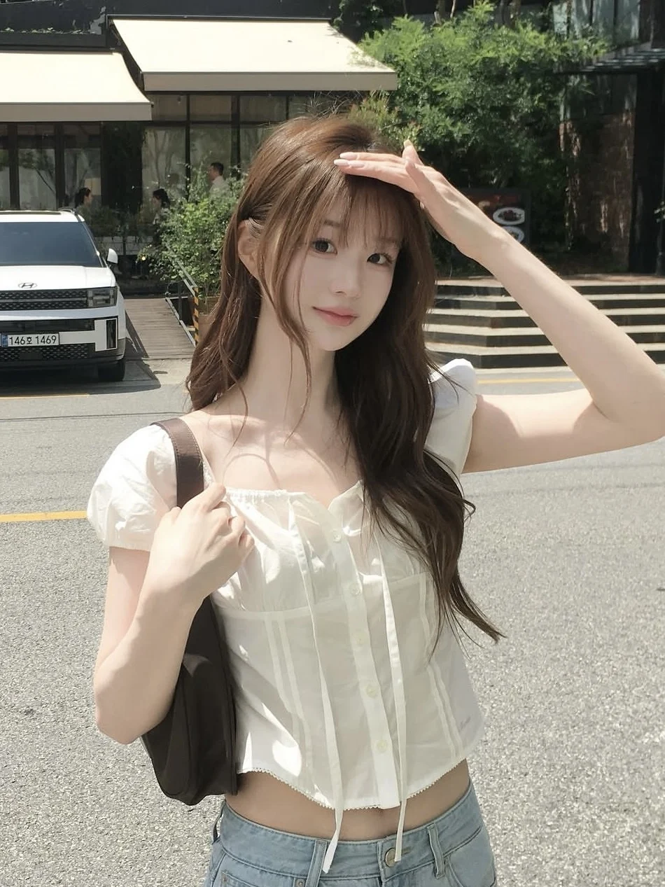 

Ins Bubble Sleeve Design Pure Cotton Slim Fit Short Sleeve T Shirt with Belt Women's Business Casual Shirt Spring 2026