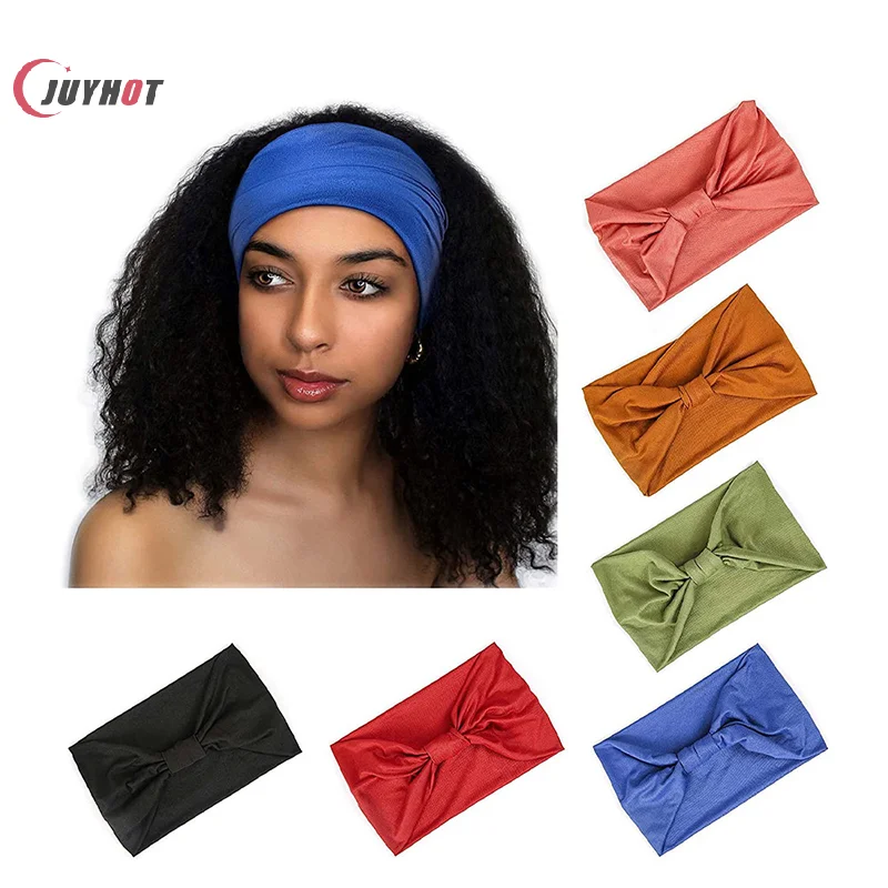 New Boho Solid Color Wide Headbands Vintage Knot Elastic Turban Headwrap For Women Girls Cotton Soft Bandana Hair Accessories