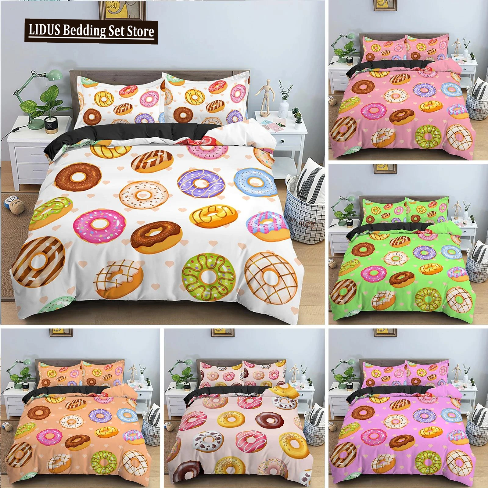 

Colorful Donut King Size Duvet Cover Cartoon Sweet Chocolate Dessert Bedding Set For Kids Girl Food 2/3pcs Polyester Quilt Cover