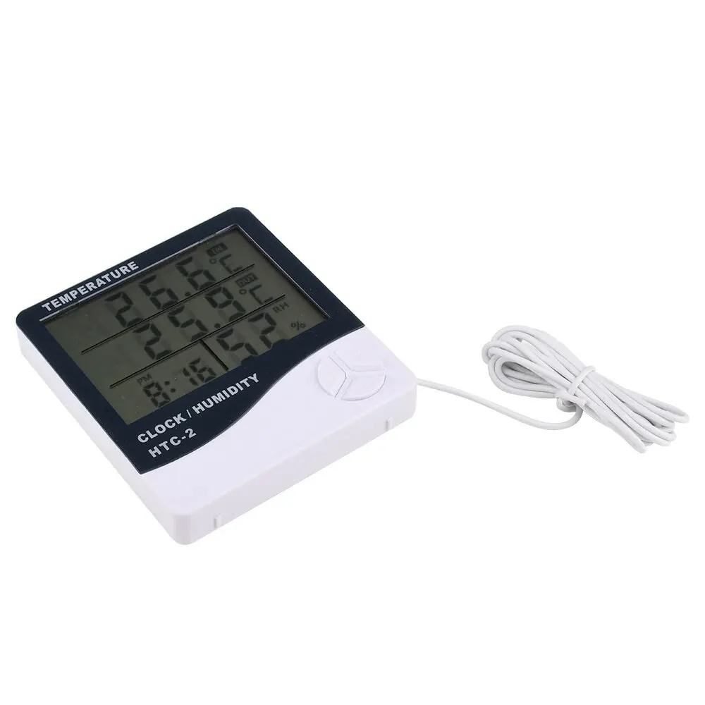 LCD Digital Temperature Humidity Meter HTC-2 Home Indoor Outdoor Hygrometer Thermometer Weather Station with Clock