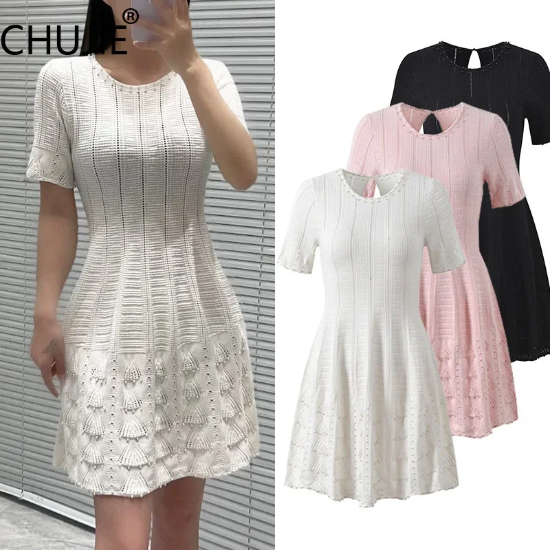 

CHUJIE French Pearl Knit Dress Round Neck Crochet Floral Hollow Out Slim Fit Bodycon Summer Dress SS25