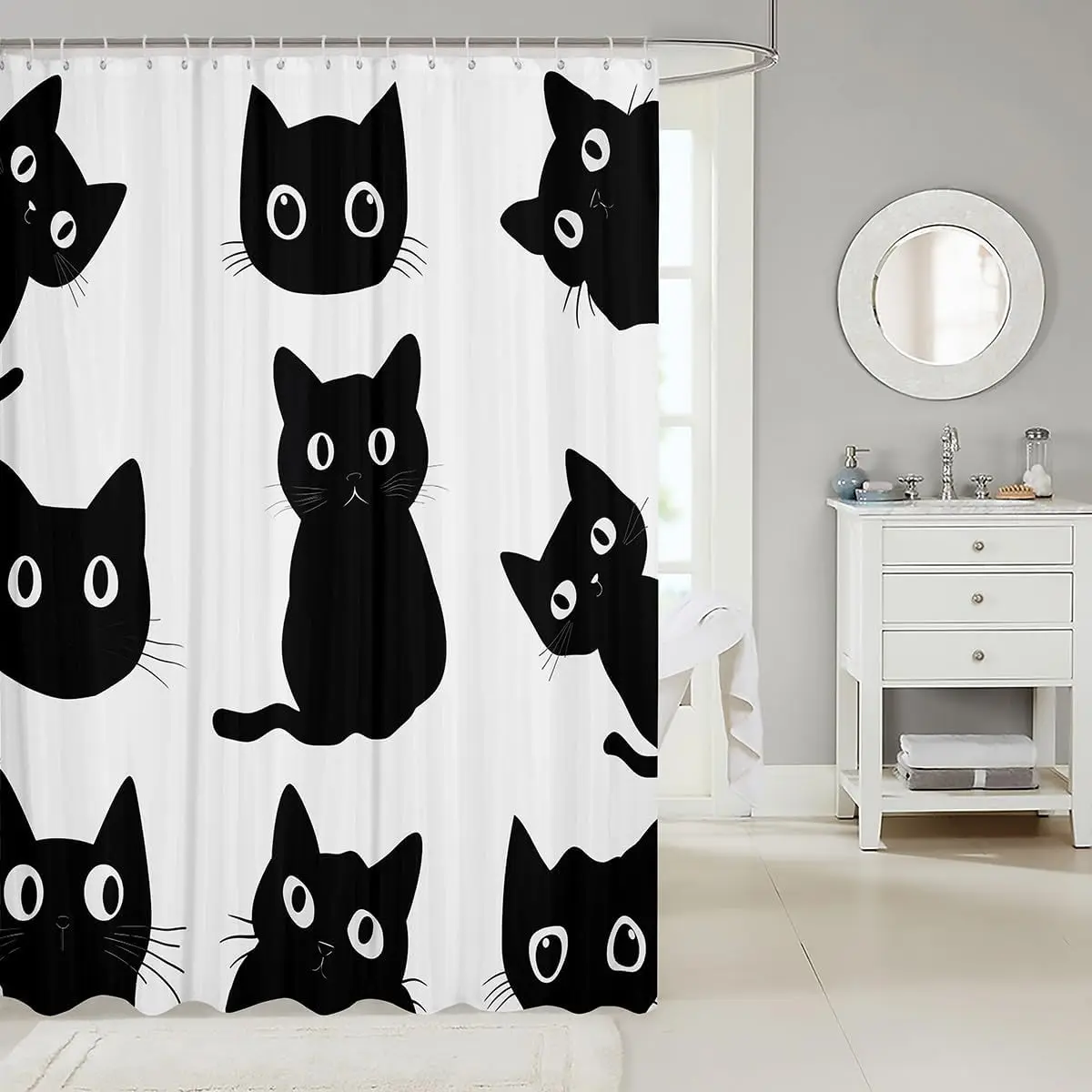 أسود القط دش الستار الحيوانات الأليفة القطط اكسسوارات الحمام هريرة لطيف هالوين القوطية أطفال بنات بنين أبيض أسود حمام مقاوم للماء #2