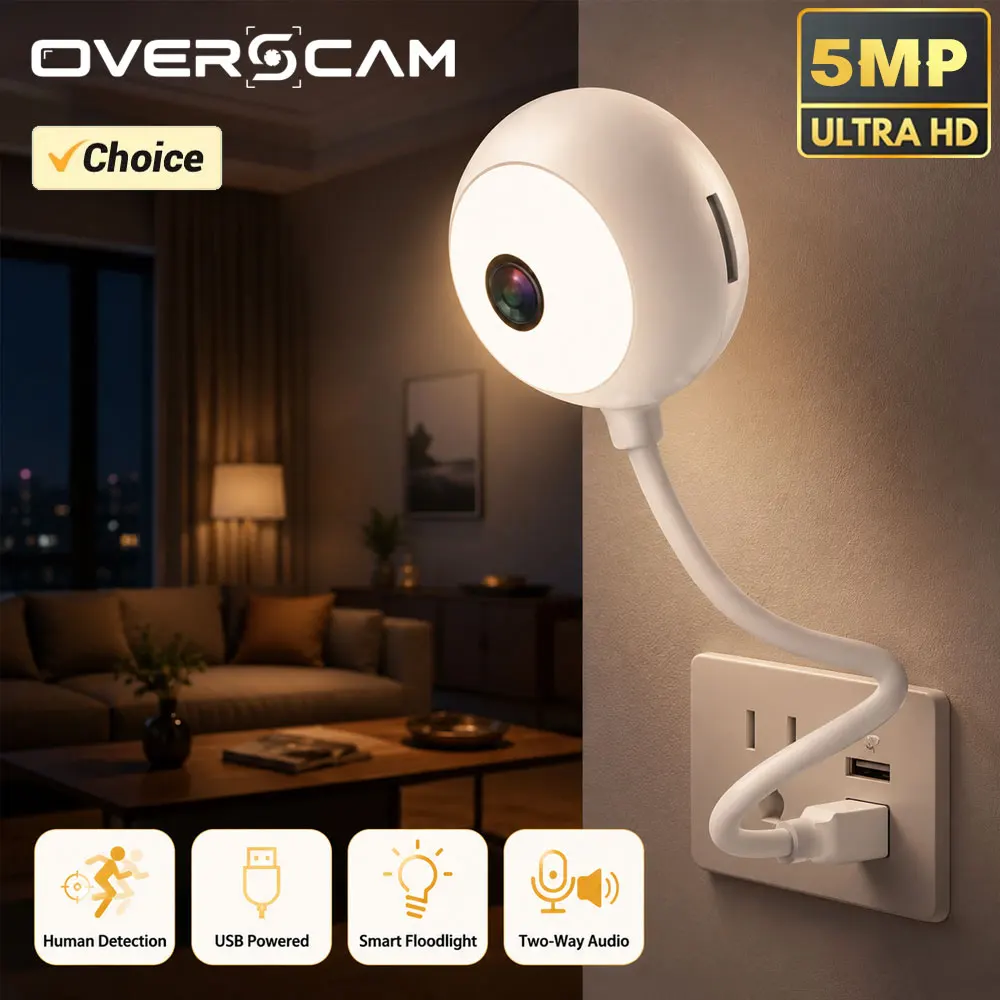 5MP Mini WiFi USB Plug In IP Camera Human Detection Floodlight Two Way Audio InstaVision APP Remote Indoor Home Security Monitor