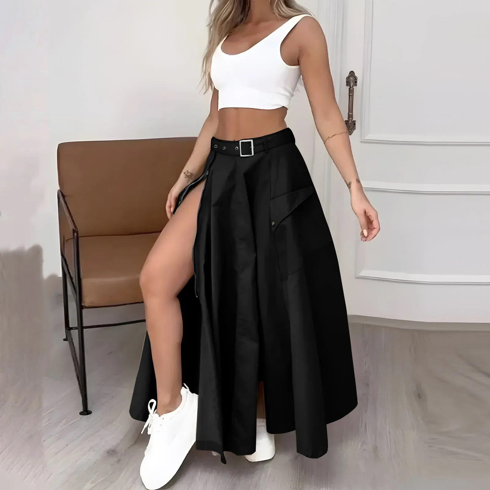 Sexy High Slit Long Dress Set With Suspender Vest For Women Casual Solid Color Two-Piece Vest Skirt Autumn Long Skirt Set Women