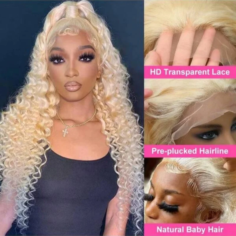 613 perruques avant en dentelle vague profonde 13x4 HD perruques frontales en dentelle pré plumées avec des cheveux de bébé 250% densité miel blond perruques bouclées 30 pouces