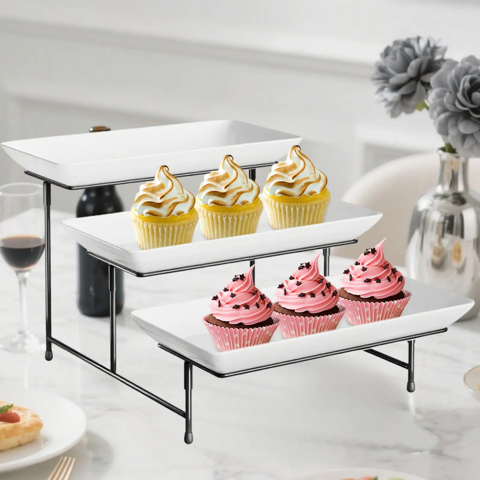 Rectangular 3 Tier Cupcake Serving Platter Set Tiered Plates Presentation Tray for Event Party Chocolate Desserts Home