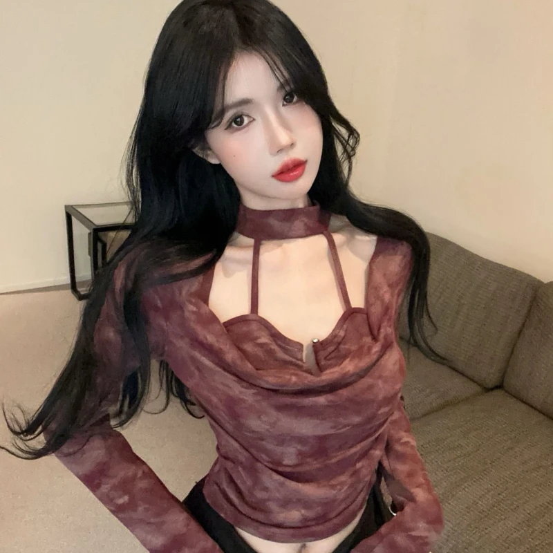 Sıcak Kız Saf Arzu Sahte İki Adet Asılı Boyun Sallanan Yaka Batik Slim Fit Üst kadın Gömlek