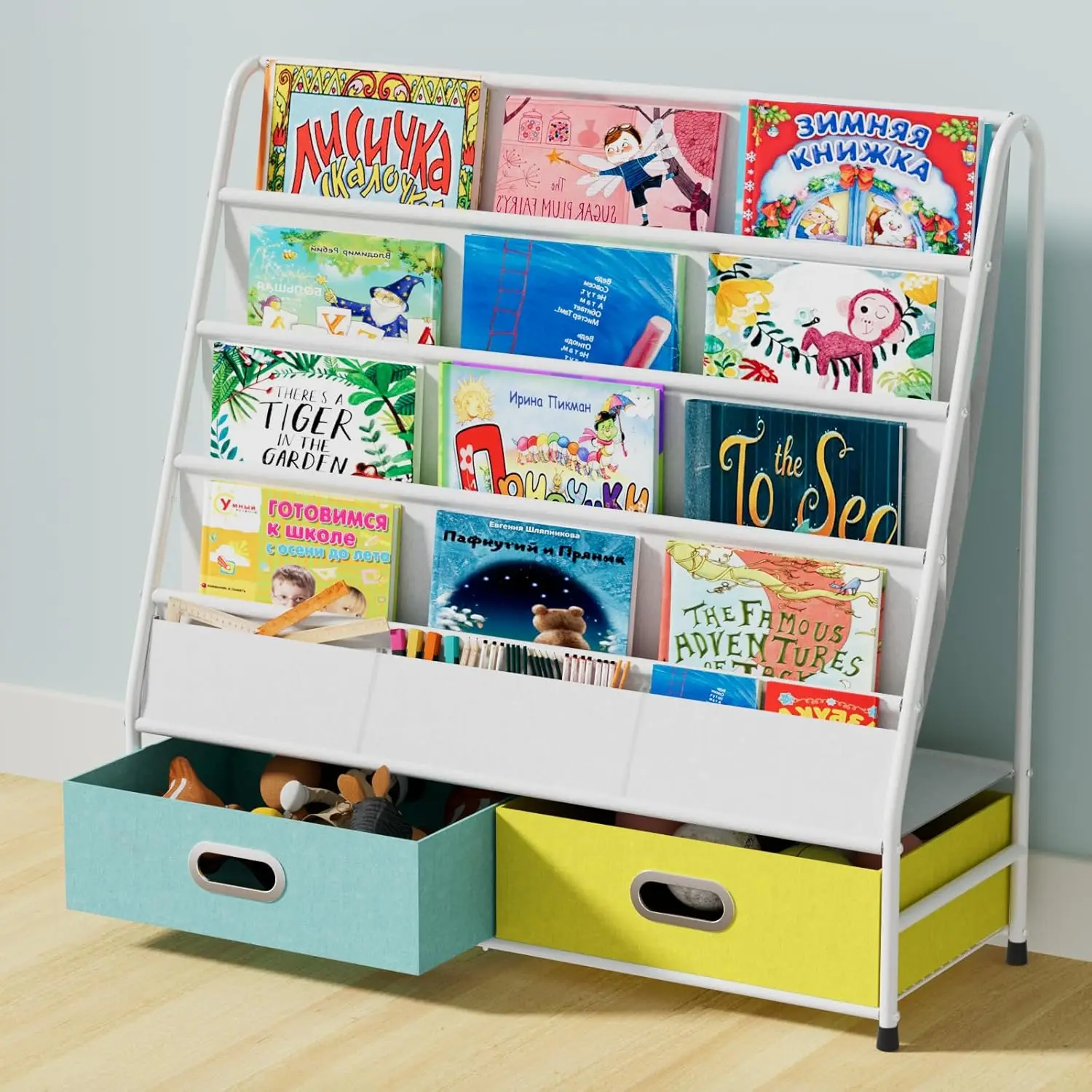 Kids Bookshelf - 4 Tier Small Bookcase for Kids Room, Metal Nursery Book Shelf, Sling Book Shelf and Toy Storage for Chi