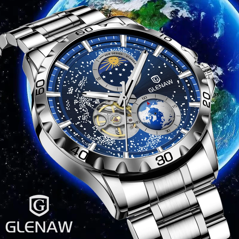 GLENAW Rotating Earth Double Second Hand Mechanical WristWatch Watch Men Starry Sky Stainless Steel Watchband Waterproof Watch
