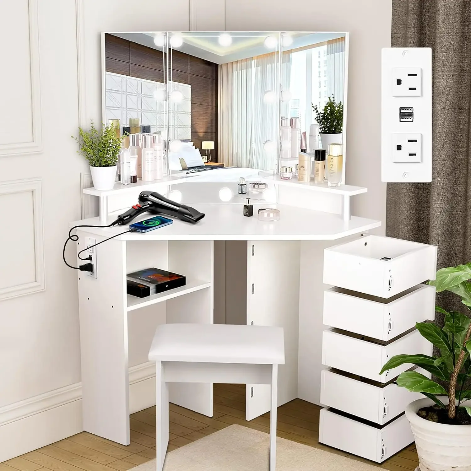 VOWNER Maquiagem Vanity Desk, Lights - Power Outlet, 3 Iluminação Cor, Brilho Ajustável, 5 Gavetas Rotativas, Prateleiras