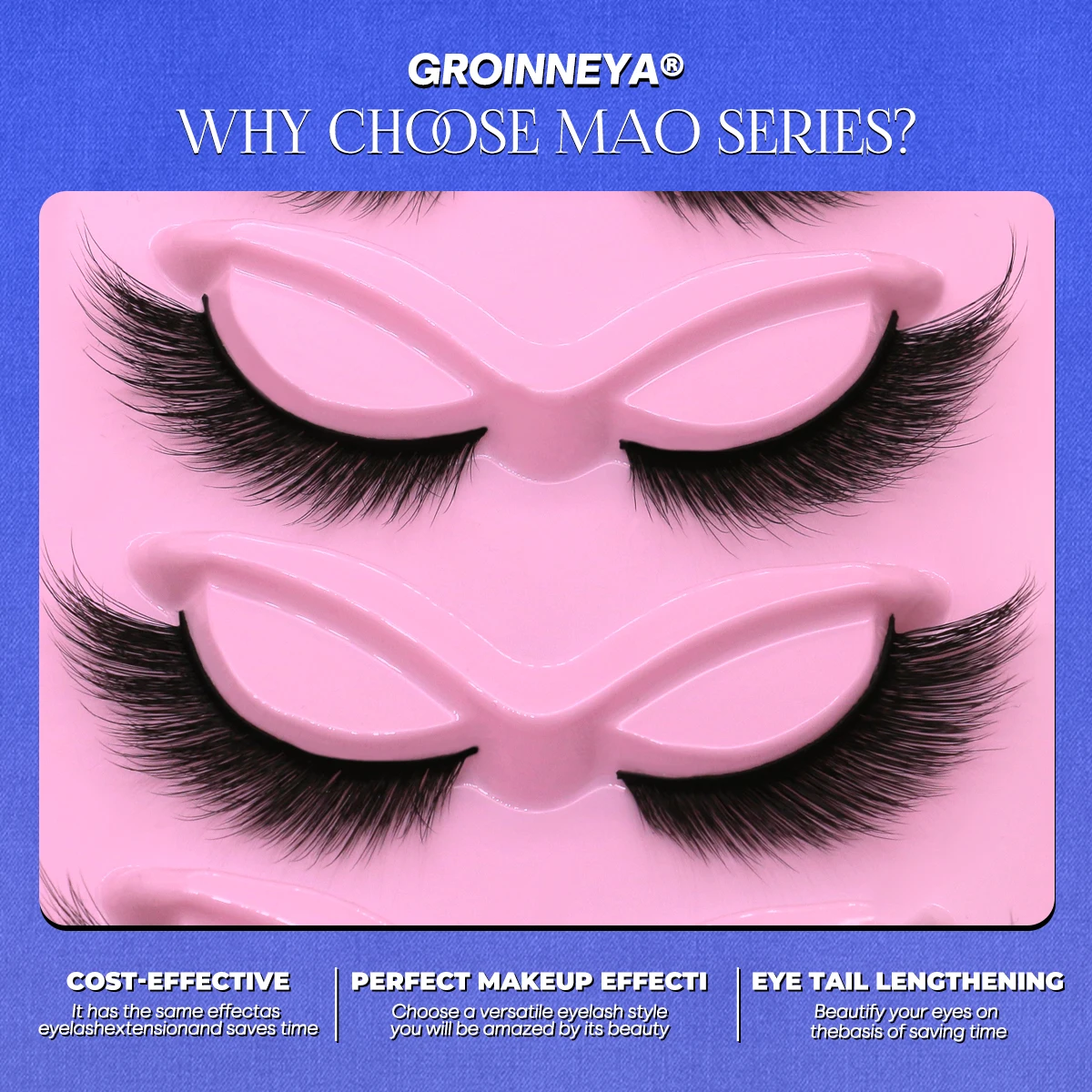 GROINNEYA 고양이 인조 밍크 속눈썹, 자연스러운 긴 밍크 속눈썹, 전체 스트립 속눈썹, 날개 끝단 연장, 부드러운 가짜 속눈썹