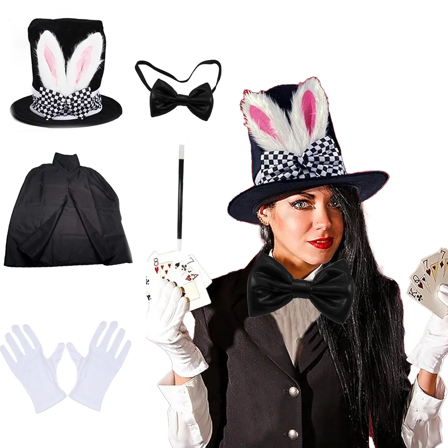 PESENAR ensemble de costumes de lapin blanc chapeau de chapelier fou oreilles de lapin Topper chapeau en peluche pour Halloween ensemble d'accessoires magiques