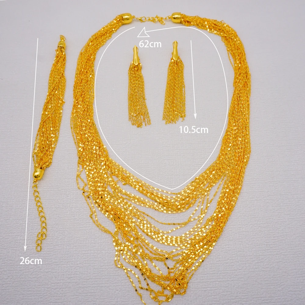 Trendy Indian Dubai Gold Color Jewelry Set For Women Bridal Long Tassel Necklace Earring Sets Nigeria Wedding Party Jewellry