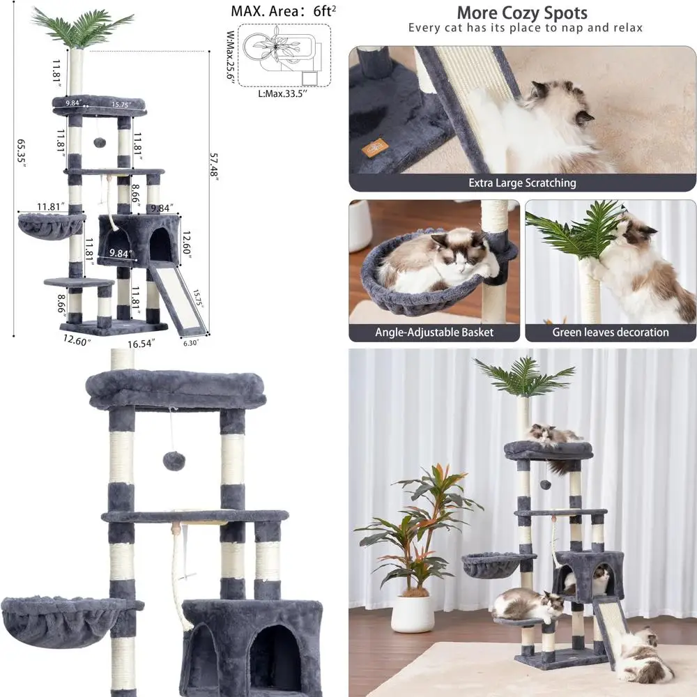 

Heybly Cat Tree,Cat Tower для домашних кошек, 65,4 дюйма Cat Condo с жердонами, корзина, миска для кормления, многоуровневая плюшевая F