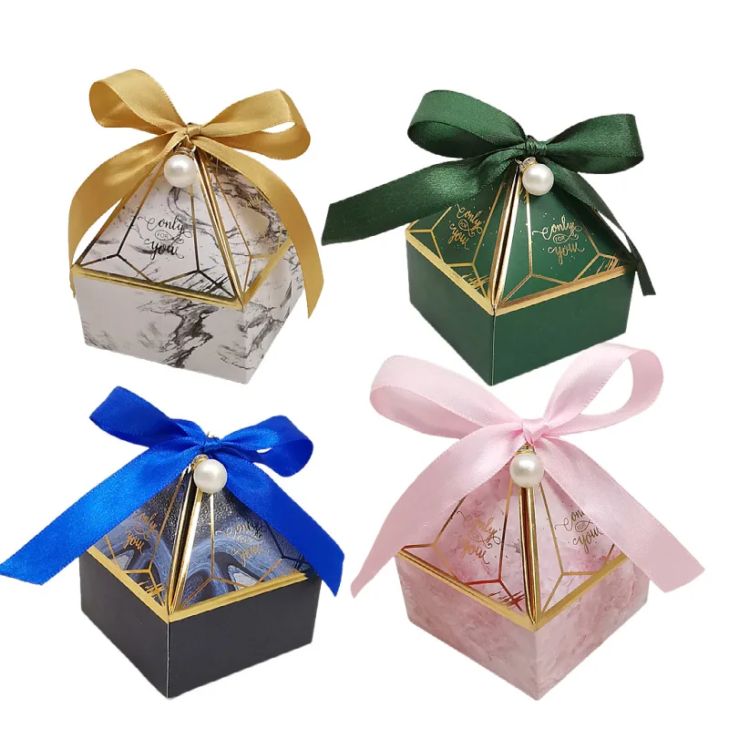 50Pcs Gem Tower Bronzing Paper Candy Box With Ribbon Chocolate Wedding Gift Packaging Box For Baby Shower Event Party Supply
