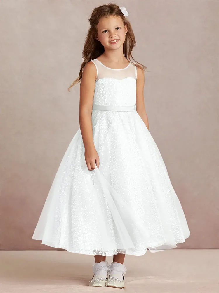 

white tulle String of beads Girl dress Can custom size kids formal occasion celebration prom birthday wedding communion gown