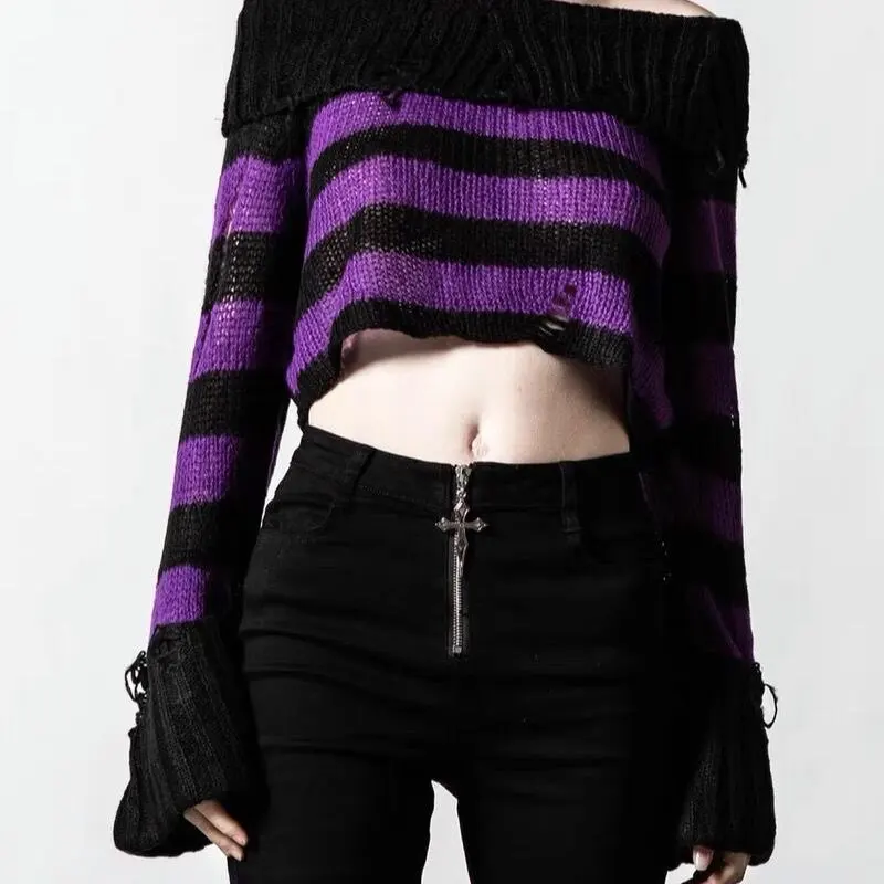 Women Purple Striped Gothic Sweater Off Shoulder Ripped Pullover Knitwear Long Sleeve Knitted Sweater Y2k Gyaru Vintage Knit Top