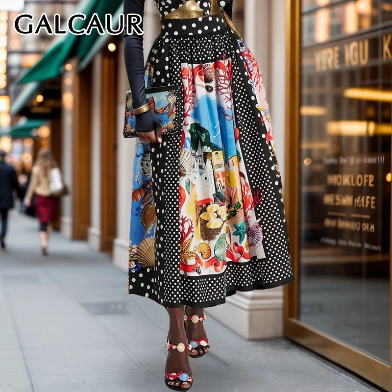 GALCAUR Colorblock Vintage A Line Dresses For Women High Waist Loose Printing Dress Female Fashion Designer Summer Clothing New