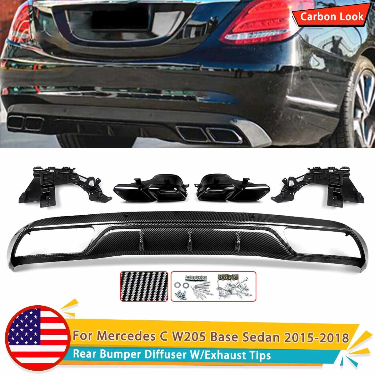 AMG-Style Carbon-Optik oder Hochglanz-Schwarz Heckdiffusor für Mercedes-Benz C-Klasse W205 Basis Limousine 2015-2019 mit 4-Auslass-Auspuffendrohren