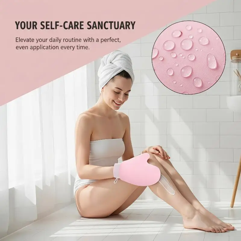 1 Stück schnell trocknender Flockhandschuh, Make-up-Applikator, Körperlotion-Handschuh, Selbstbräunungs-Handschuh, doppelseitig, verhindert klebrige Hände, Applikator – Detail 5
