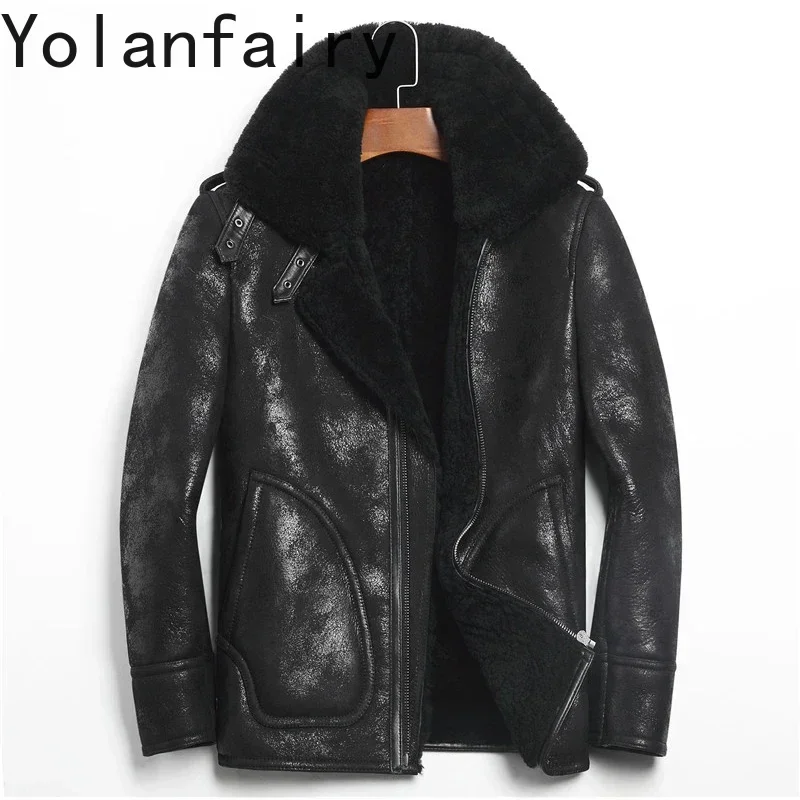

YOLANFAIRY Genuine Leather Jacket Men's Winter Jacket Sheepskin Coat for Men Natural Lamb Fur Bomber Jackets veste 156-1 MY1916