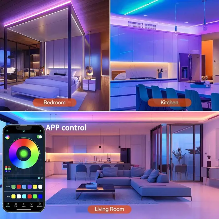 USB-powered LED strip light with 24-key remote control, app control, RGB color changing, suitable for home theaters and game roo