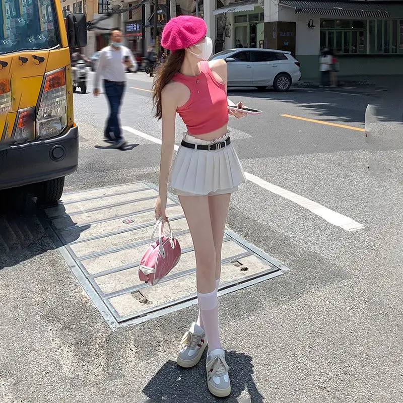 

Korean Fashion White Half Skirt Women's Summer New Black High Waist Spicy Girl Slimming A-line Pleated Skirts Female Clothing