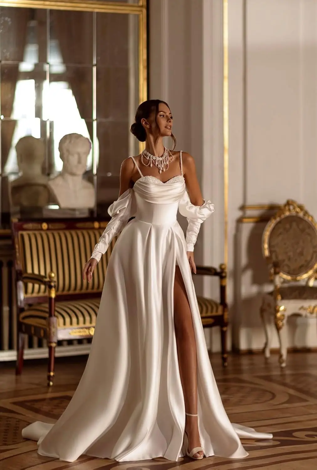 

Платья для выпускного вечера с блестками и бисером на тонких бретельках, атласные длинные вечерние платья с пышными рукавами для женщин с разрезом