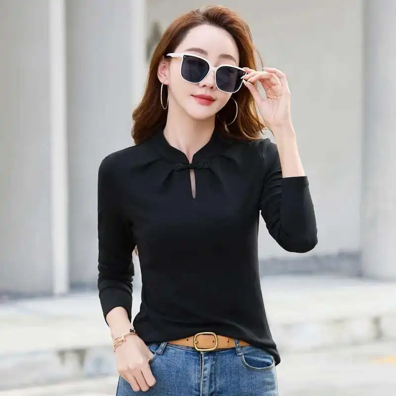 #0612 Autumn Winter Vintage Short T Shirt Women Stand Collar Hollow Out Chinese Style Long Sleeve T Shirt Thick Warm Solid Color