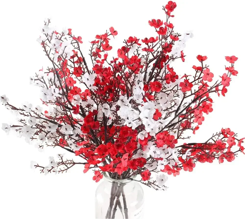 4PCS Babys Breath Artificial Flowers Bushes Fake Silk Real Touch Floral Bouquet Home Office Farmhouse Arrangements White / Red