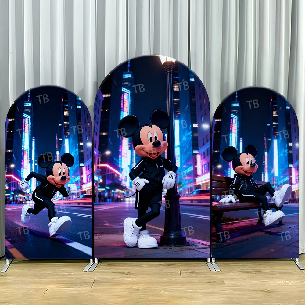 

Mickey Mouse Urban Neon Arch Backdrop Cover City Night Scene For Kids Birthday Party Stylish Cartoon Theme Photo Booth Decor