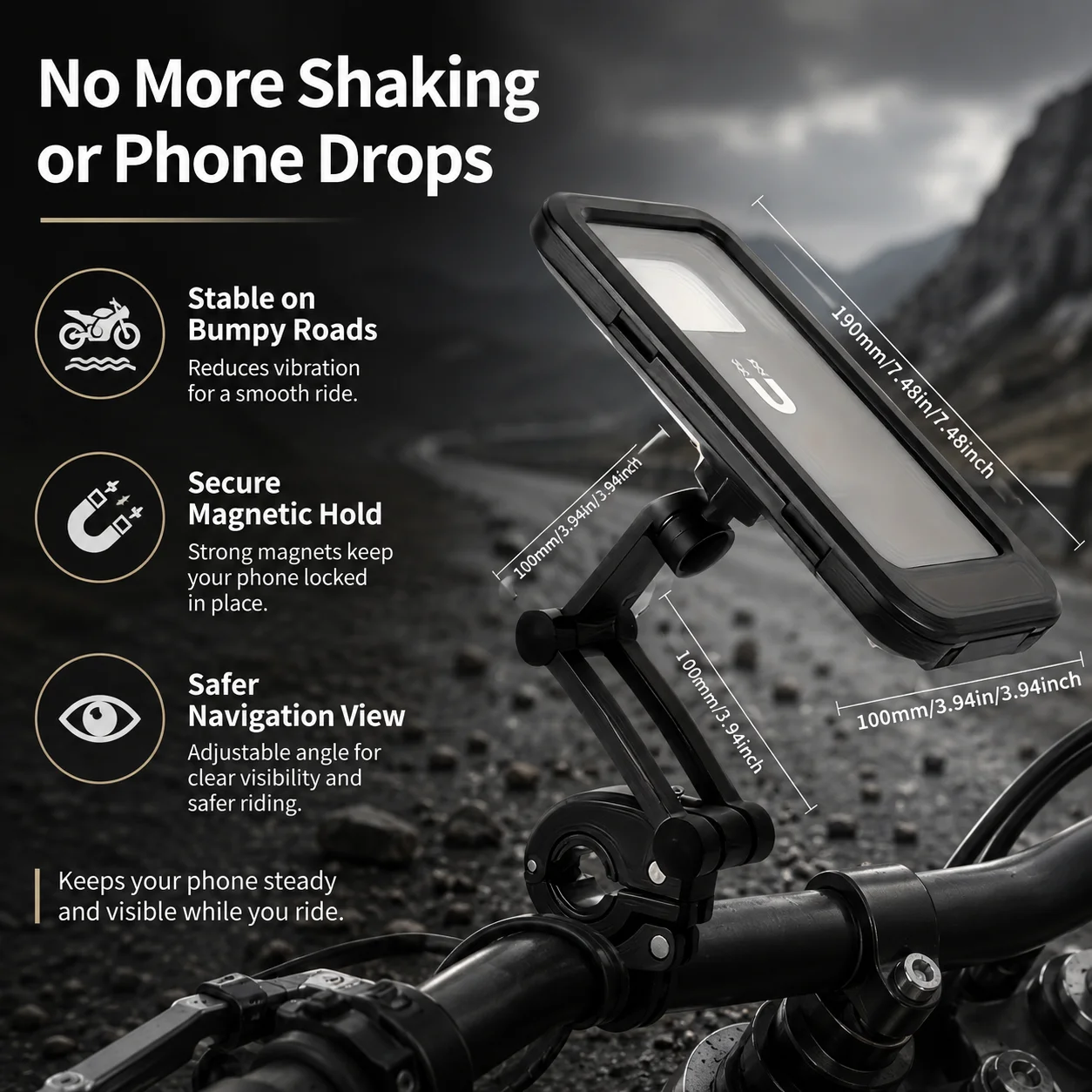 Telescopic Magnetic Bike Phone Holder, High-Strength ABS Anti-Shock Motorcycle Mount for Bikes & Electric Scooters.
