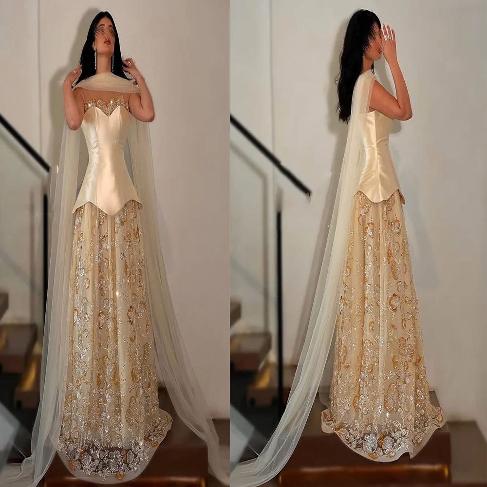 

Off Shoulder Satin Bodice A-line Long Evening Saudi Dress Backless Sparkly Sequins Long Party Gown with Court Custom Made