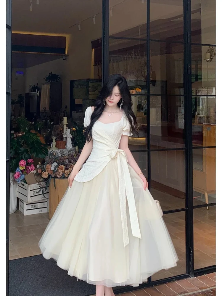 الصيف الحلو فستان أنيق المرأة شيك نفخة الأكمام الأزهار طباعة شبكة المرقعة فساتين الجنية الكورية الإناث عطلة فستان الحفلات