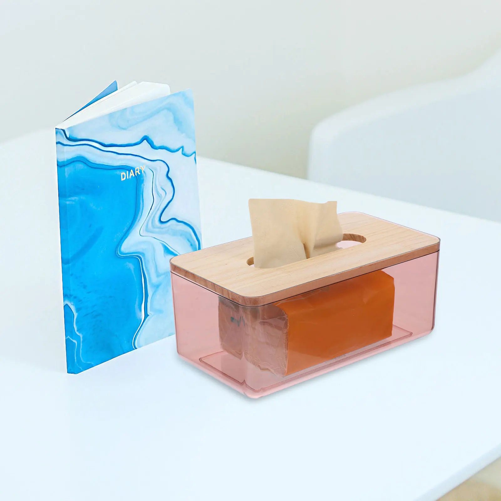 

Modern Tissue Box Holder Bamboo Lid Transparent Storage Container for Home Office Bedroom Living Room Paper Towel Dispenser