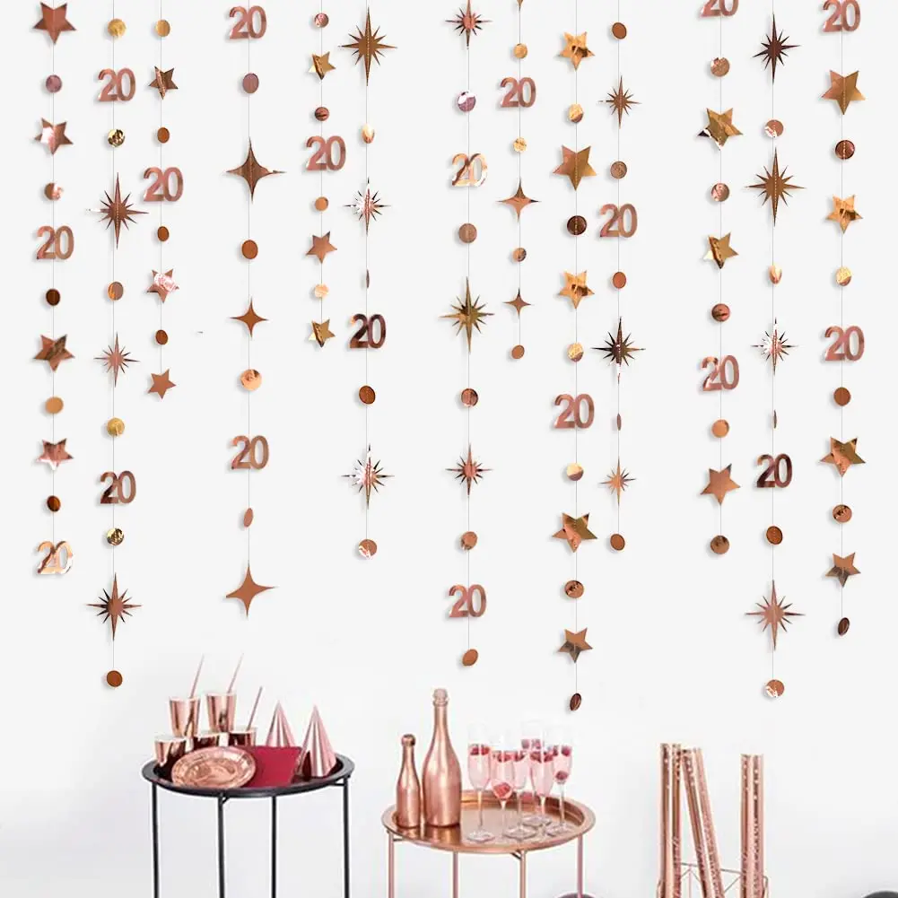 Rose Gold 20th Birthday Party Decoration Girls Happy Birthday 20 Year Old Circle Dot Twinkle Star Garland Paper Hanging Streamer
